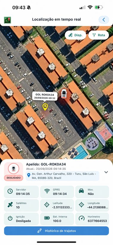 App do cliente final Arcatrak mostrando localização em tempo real do veículo